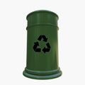 Green trash bin with black recycle logo on front perspective 3d illustration render isolated white background Royalty Free Stock Photo