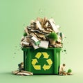 Green trash bin filled with waste paper ready for recycling isolated on light background with copy spcae. Waste paper illustration Royalty Free Stock Photo