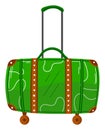 Green travel suitcase with wheels, ready for a journey. Vibrant luggage for vacation depicts mobility, travel