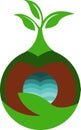 green tree, brown soil, water in the middle logo