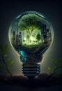 Green tree and city inside a light bulb. AI genarated