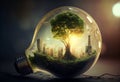 Green tree and city inside a light bulb. AI genarated