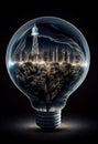 Green tree and city inside a light bulb. AI genarated