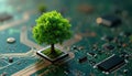 Green tree on computer circuit board innovation, sustainability. Illustration represents tech, ecology, environment, creativity. Royalty Free Stock Photo