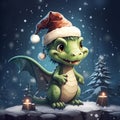 green tree dragon. cartoon christmas illustration. Royalty Free Stock Photo