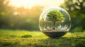 Green tree enclosed in a transparent glass sphere on a grassy field Royalty Free Stock Photo