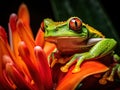 Ai Generated illustration Wildlife Concept of Green tree frog on bird of paradise flower Royalty Free Stock Photo