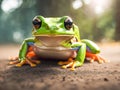 Green tree frog on the ground in the forest. Royalty Free Stock Photo