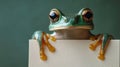 Green tree frog holding blank sign, nature background, advertisement Royalty Free Stock Photo