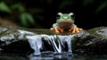 Green tree frog perched on a rock, water cascading down Royalty Free Stock Photo