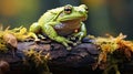 Green tree frog sitting on a log in the forest. Wildlife scene from nature Royalty Free Stock Photo