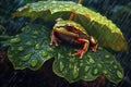 Green Tree Frog under Rain on a Big Leaf extreme closeup. Generative AI Royalty Free Stock Photo