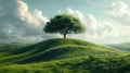 A green tree on a green hill, blue sky and white clouds in the background, Generative AI Royalty Free Stock Photo