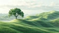 A green tree on a green hill, blue sky and white clouds in the background, Generative AI Royalty Free Stock Photo