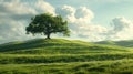 A green tree on a green hill, blue sky and white clouds in the background, Generative AI Royalty Free Stock Photo