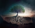 Green tree growing on the edge of wasteland with twisted roots g Royalty Free Stock Photo