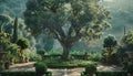 The green tree grows in the formal garden, surrounded by nature beauty