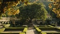 The green tree grows in the formal garden, surrounded by nature beauty