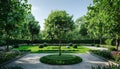 The green tree grows in the formal garden, surrounded by nature beauty