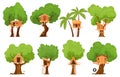 Green tree houses set vector flat illustration. Collection childish rural hut on woods trunks Royalty Free Stock Photo