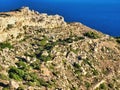 Green tree on the mountainside. Top of mountain in clouds. Beautiful spring landscape. Rock mountain. A desert hill. Rocky Royalty Free Stock Photo