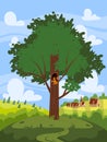 Green Tree Oak, beautiful country rural landscape, farm, village on backgriund. Summer, spring seasone. Vector