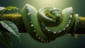 Green Tree Python Coiled on Branch with Moss and Dew Drops in Lush Rainforest Royalty Free Stock Photo