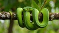 Green tree python coiled on a branch in a tropical rainforest habitat Royalty Free Stock Photo