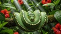 Green Tree Python Coiled on Mossy Branch Amidst Tropical Foliage and Red Hibiscus Royalty Free Stock Photo