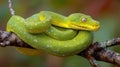 Green Tree Python Curled on Branch in Jungle Canopy, Representing Rebirth in Southeast Asian Beliefs and Natures Vibrant Royalty Free Stock Photo