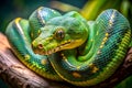 Green Tree Python with Yellow Spots Curled on a Tree Branch snake reptile Royalty Free Stock Photo