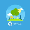 Green tree recycle flat eco icon blue sky clouds