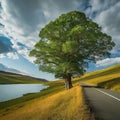 A Green Tree standing on Asphalt road in Lush Green Field with Rolling Hills Under a Blue Sky with White Clouds Royalty Free Stock Photo