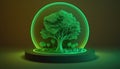 Green tree symbol on circle podium light green background, pure nature fresh air tree miniature