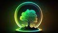 Green tree symbol on circle podium light green background, pure nature fresh air tree miniature