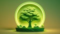 Green tree symbol on circle podium light green background, pure nature fresh air tree miniature