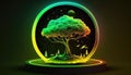 Green tree symbol on circle podium light green background, pure nature fresh air tree miniature