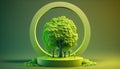 Green tree symbol on circle podium light green background, pure nature fresh air tree miniature