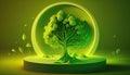 Green tree symbol on circle podium light green background, pure nature fresh air tree miniature