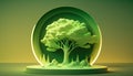 Green tree symbol on circle podium light green background, pure nature fresh air tree miniature