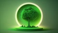 Green tree symbol on circle podium light green background, pure nature fresh air tree miniature