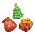 Green tree with toys, red bag with stars and present with gold ribbon Royalty Free Stock Photo