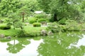 Green tree, traditional Japanese house, garden and lake