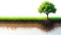 Green tree with visible complex root system in soil cross-section. Rich grass above ground on white isolated background, Royalty Free Stock Photo