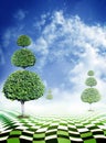 Green trees, blue sky with clouds and abstract fantasy checkerboard floor Royalty Free Stock Photo