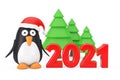 Green Trees and Cartoon Penguin Character with Santa Hat near 2021 New Year Sign. 3d Rendering Royalty Free Stock Photo