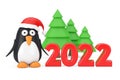 Green Trees and Cartoon Penguin Character with Santa Hat near 2022 New Year Sign. 3d Rendering Royalty Free Stock Photo