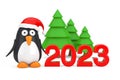 Green Trees and Cartoon Penguin Character with Santa Hat near 2023 New Year Sign. 3d Rendering Royalty Free Stock Photo