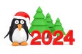 Green Trees and Cartoon Penguin Character with Santa Hat near 2024 New Year Sign. 3d Rendering Royalty Free Stock Photo