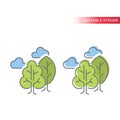 Green trees with clouds line vector icon.